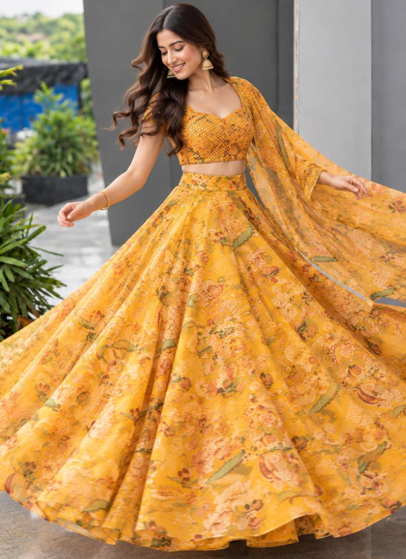 Fully Stitched Yellow Digital Printed embroidered Organza Lehenga Set