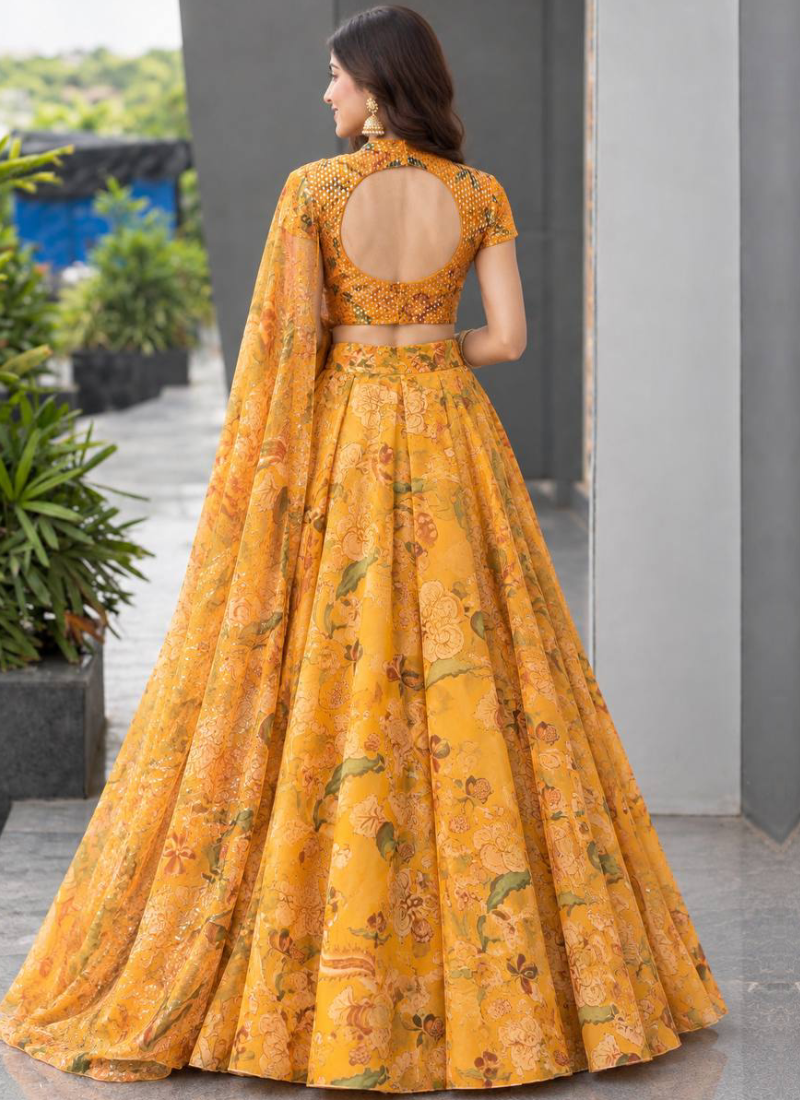 Fully Stitched Yellow Digital Printed embroidered Organza Lehenga Set