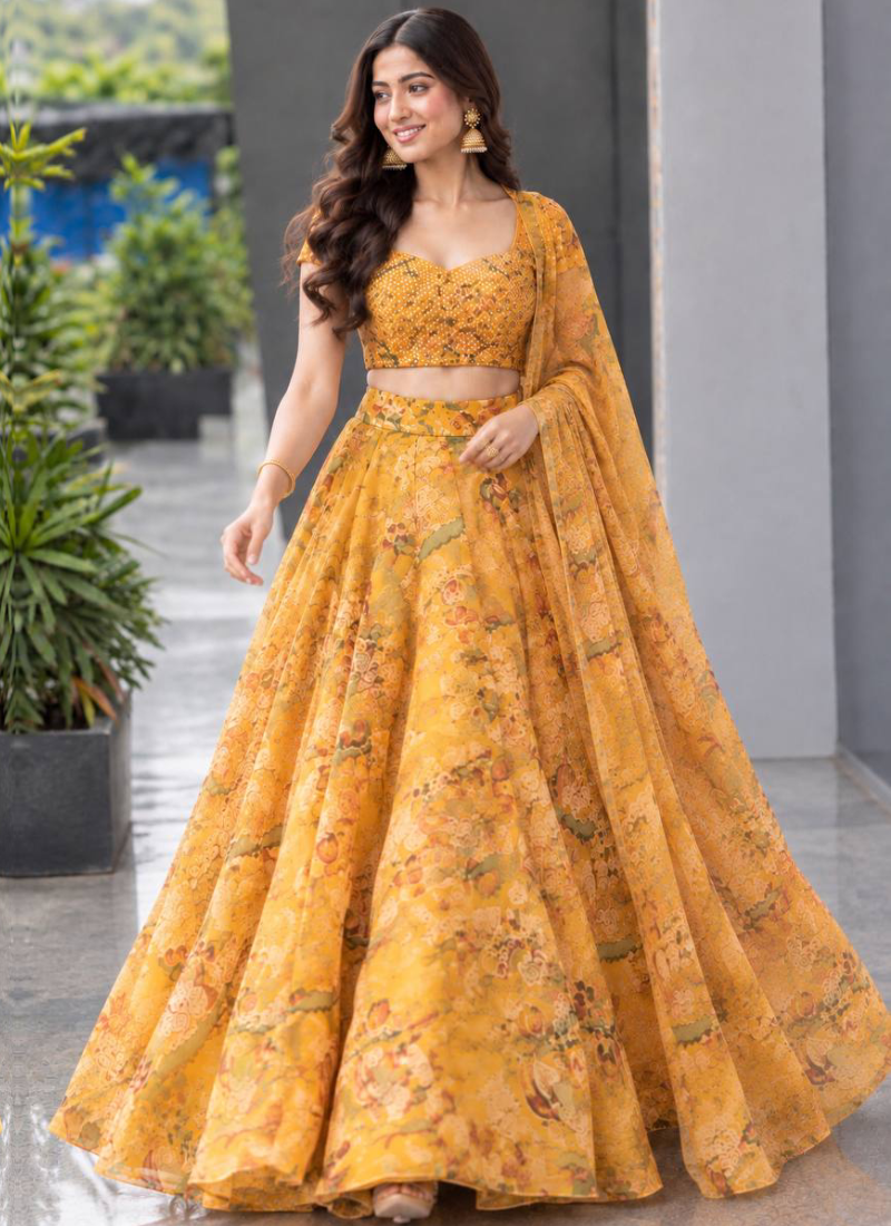 Fully Stitched Yellow Digital Printed embroidered Organza Lehenga Set
