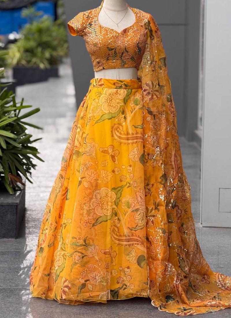 Fully Stitched Yellow Digital Printed embroidered Organza Lehenga Set