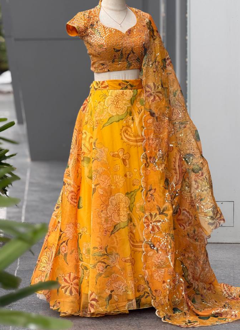 Fully Stitched Yellow Digital Printed embroidered Organza Lehenga Set