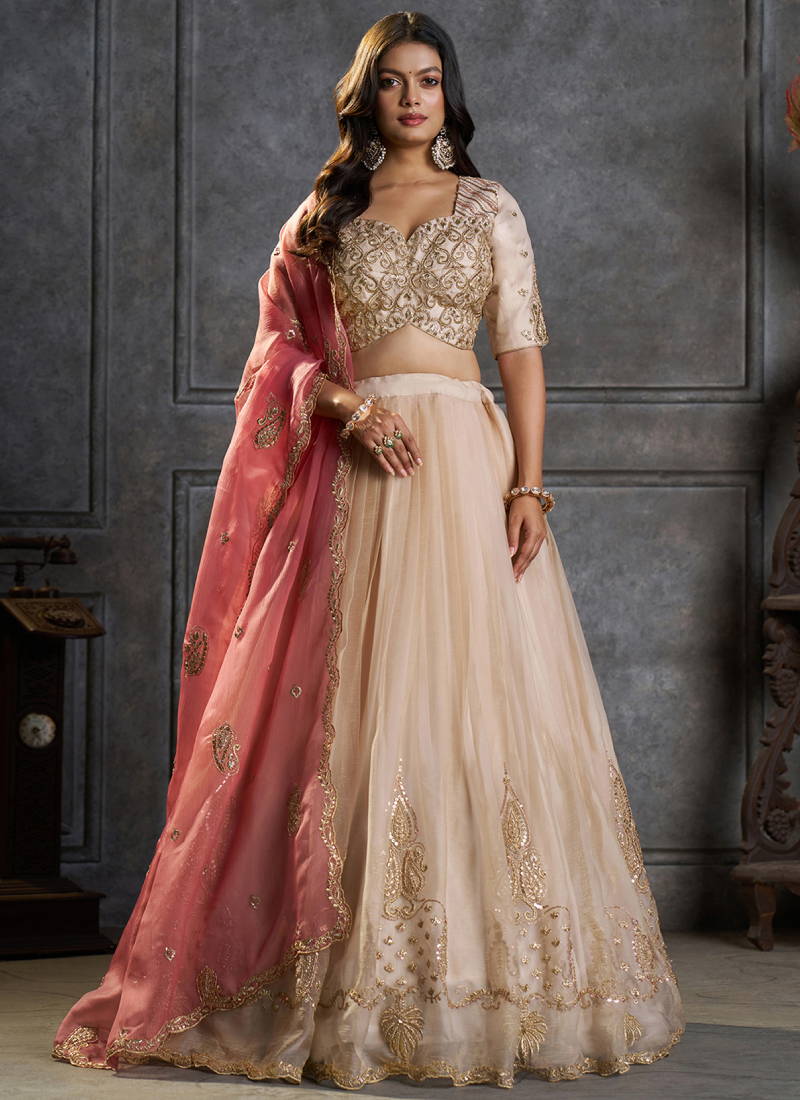 Function Wear Pure Organza Ivory Embroidered Work Lehenga Choli