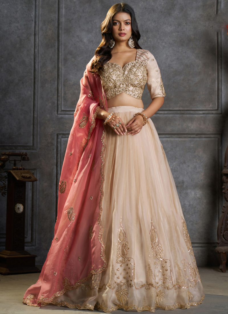 Function Wear Pure Organza Ivory Embroidered Work Lehenga Choli