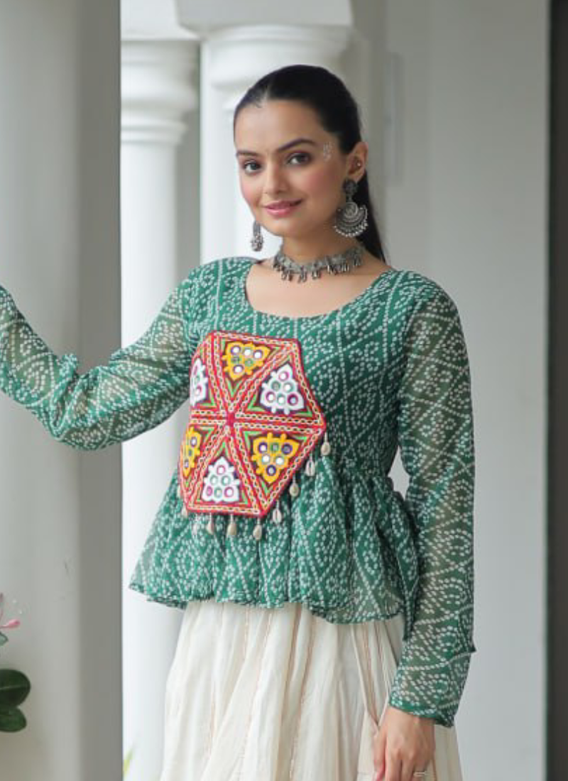 Gamthi Embroidered Peplum Choli With Gota Patti Beige Cotton Lehenga