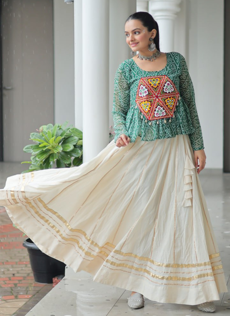 Gamthi Embroidered Peplum Choli With Gota Patti Beige Cotton Lehenga