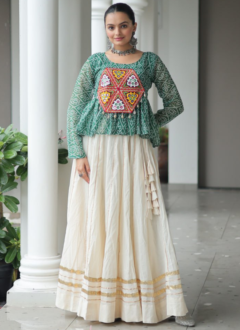 Gamthi Embroidered Peplum Choli With Gota Patti Beige Cotton Lehenga