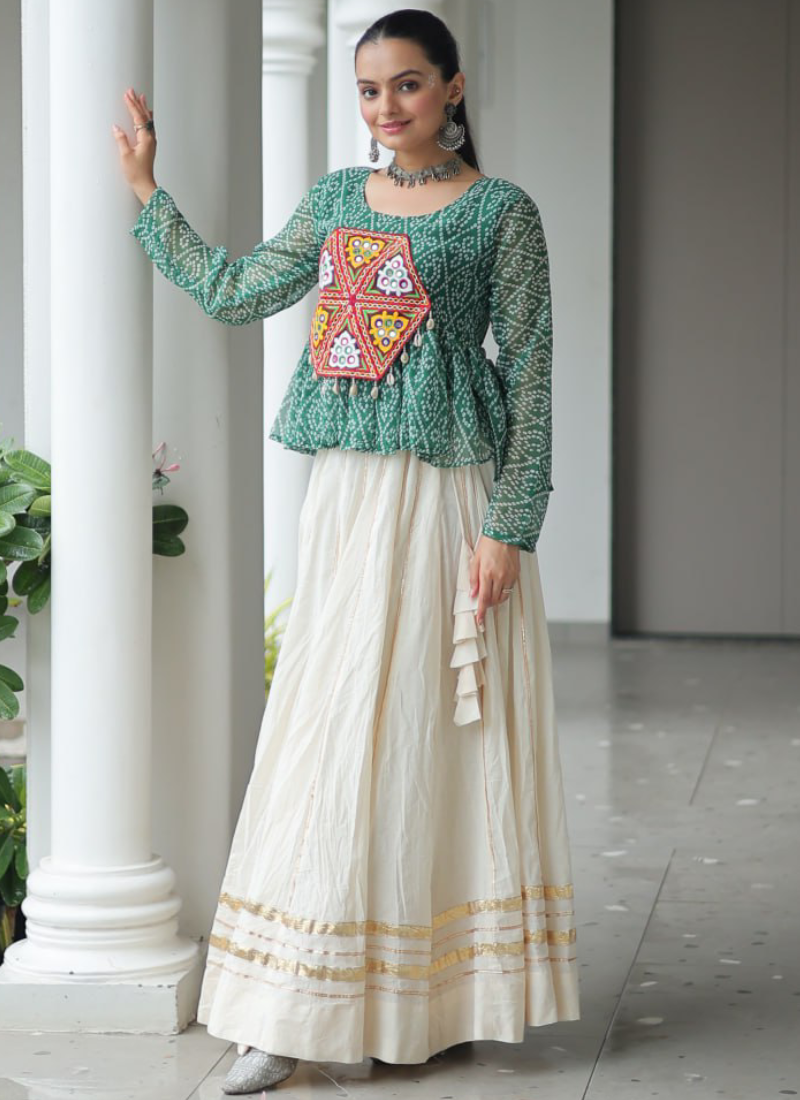 Gamthi Embroidered Peplum Choli With Gota Patti Beige Cotton Lehenga