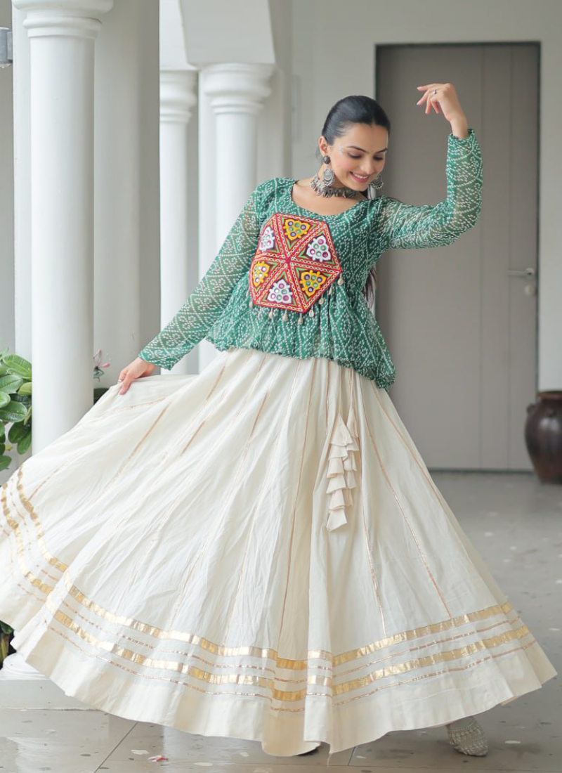 Gamthi Embroidered Peplum Choli With Gota Patti Beige Cotton Lehenga