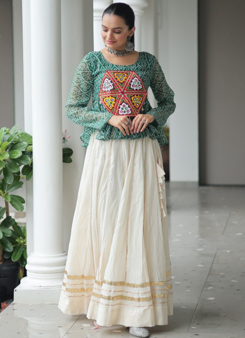 Gamthi Embroidered Peplum Choli With Gota Patti Beige Cotton Lehenga
