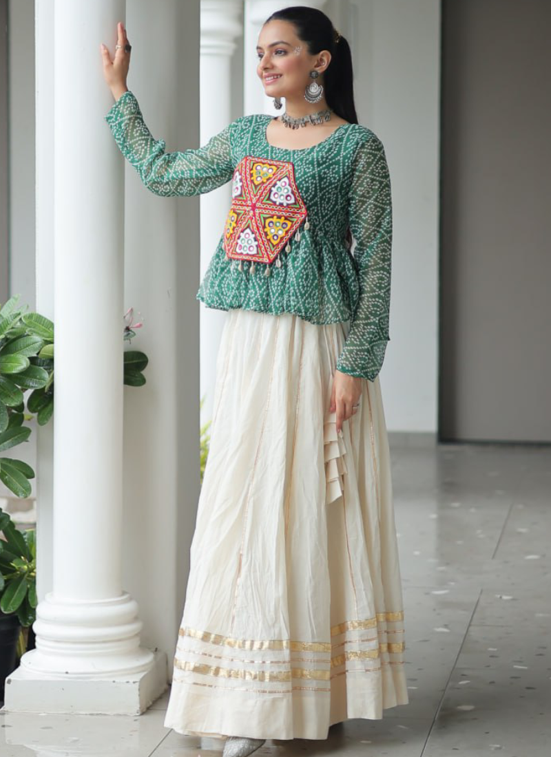 Gamthi Embroidered Peplum Choli With Gota Patti Beige Cotton Lehenga