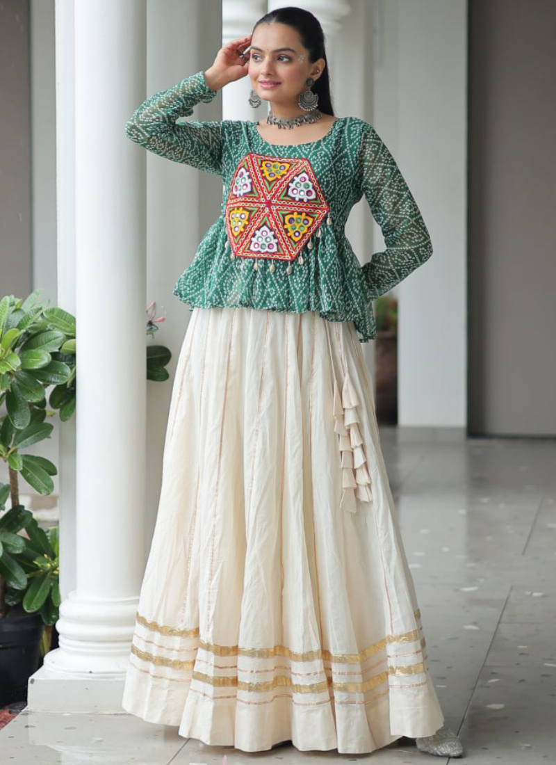 Gamthi Embroidered Peplum Choli With Gota Patti Beige Cotton Lehenga
