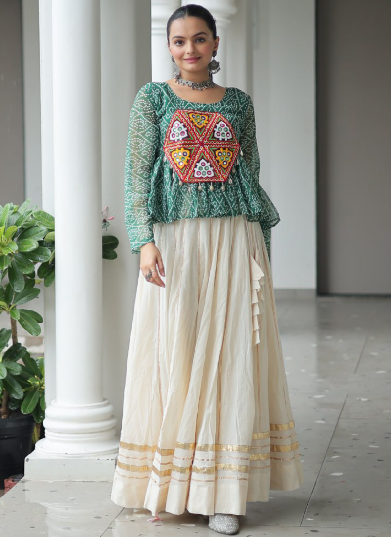 Gamthi Embroidered Peplum Choli With Gota Patti Beige Cotton Lehenga