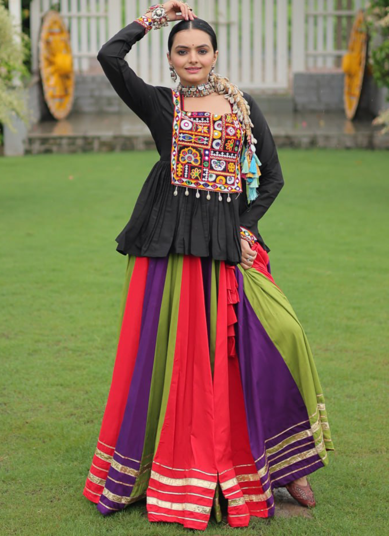 Gamthi Embroidery Work Multi Color Rayon Silk Chaniya With Peplum Top