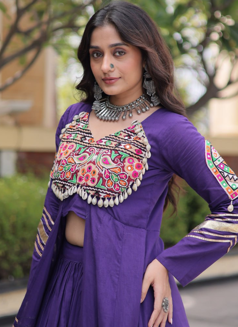 Gamthi Thread Gota Patti Purple Kora Cotton Lehenga Set With Shrug