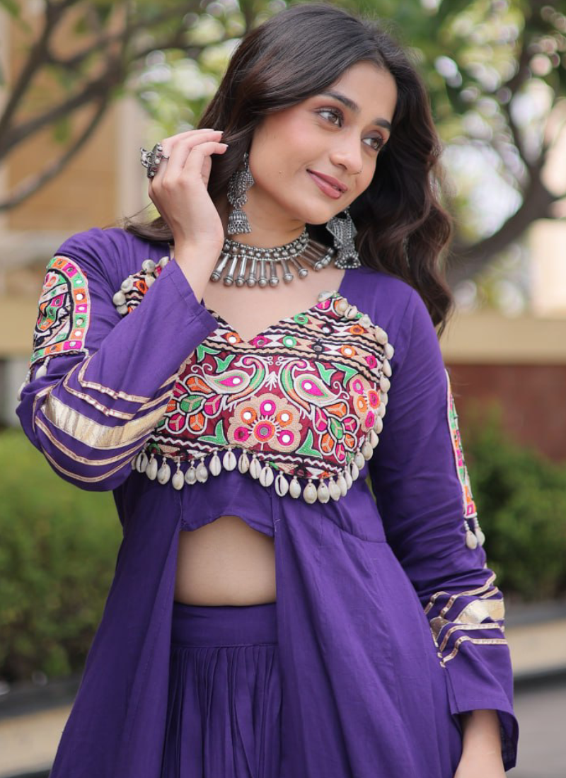 Gamthi Thread Gota Patti Purple Kora Cotton Lehenga Set With Shrug