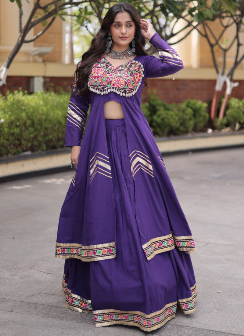Gamthi Thread Gota Patti Purple Kora Cotton Lehenga Set With Shrug