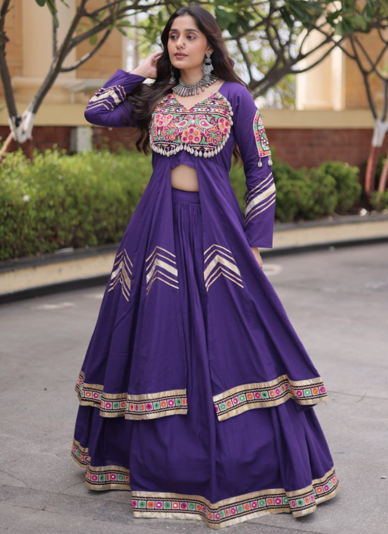 Gamthi Thread Gota Patti Purple Kora Cotton Lehenga Set With Shrug