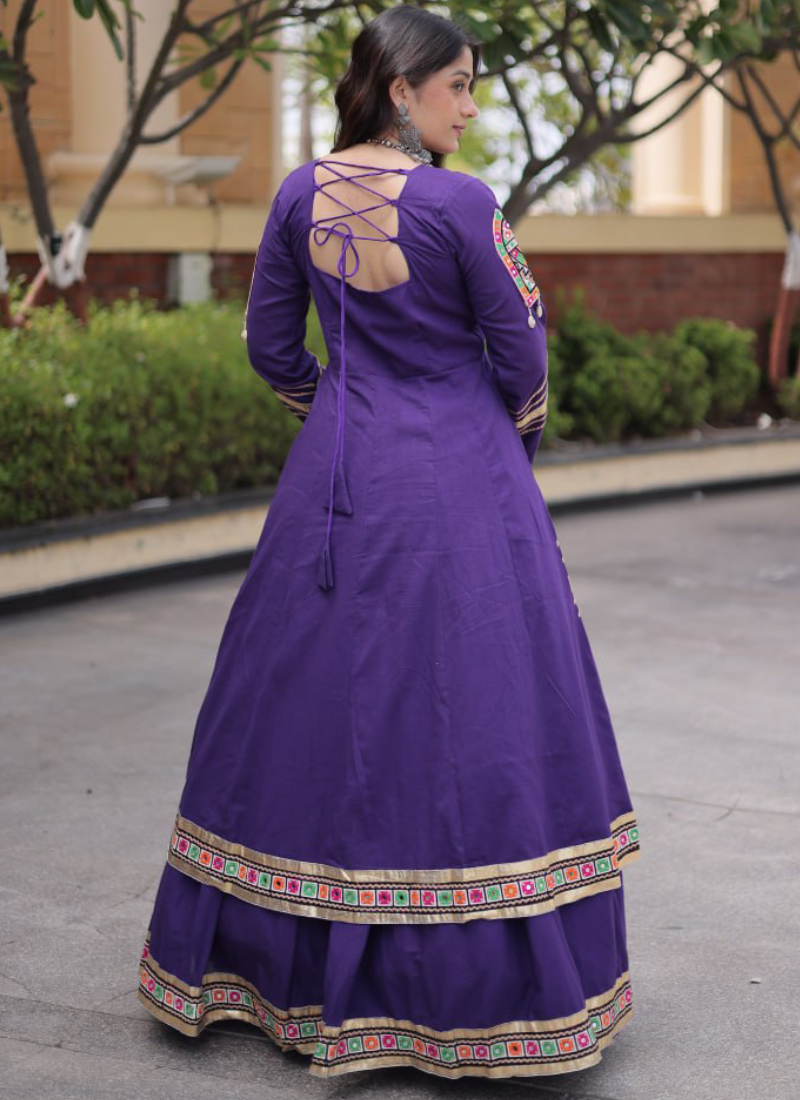 Gamthi Thread Gota Patti Purple Kora Cotton Lehenga Set With Shrug