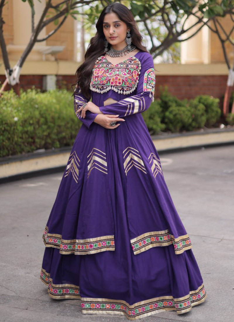 Gamthi Thread Gota Patti Purple Kora Cotton Lehenga Set With Shrug