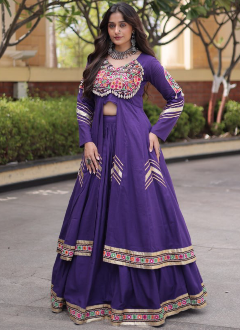 Gamthi Thread Gota Patti Purple Kora Cotton Lehenga Set With Shrug