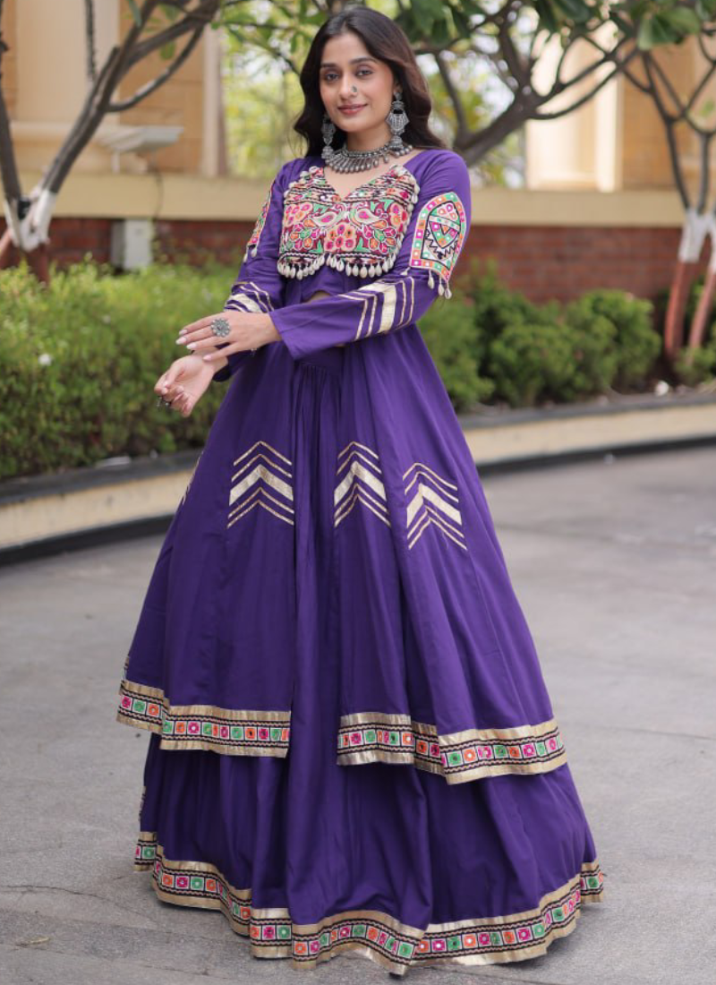 Gamthi Thread Gota Patti Purple Kora Cotton Lehenga Set With Shrug