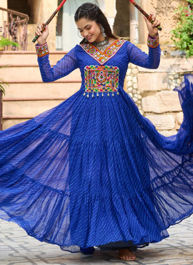 Gamthi Work Laheriya Printed Georgette Royal Blue Anarkali Style Gown