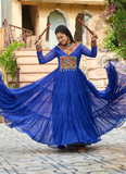 Gamthi Work Laheriya Printed Georgette Royal Blue Anarkali Style Gown
