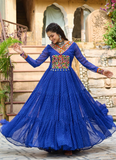 Gamthi Work Laheriya Printed Georgette Royal Blue Anarkali Style Gown