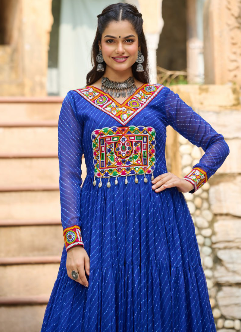 Gamthi Work Laheriya Printed Georgette Royal Blue Anarkali Style Gown