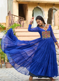 Gamthi Work Laheriya Printed Georgette Royal Blue Anarkali Style Gown