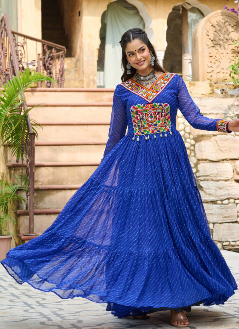 Gamthi Work Laheriya Printed Georgette Royal Blue Anarkali Style Gown