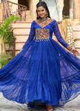 Gamthi Work Laheriya Printed Georgette Royal Blue Anarkali Style Gown