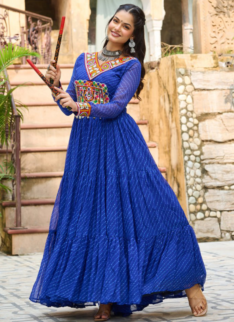 Gamthi Work Laheriya Printed Georgette Royal Blue Anarkali Style Gown