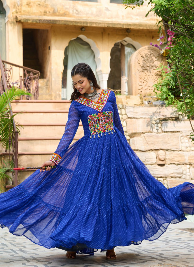 Gamthi Work Laheriya Printed Georgette Royal Blue Anarkali Style Gown