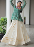 Gamthi Work Printed Green Kediya Top With Cotton Off White Lehenga
