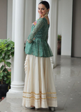 Gamthi Work Printed Green Kediya Top With Cotton Off White Lehenga