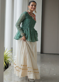 Gamthi Work Printed Green Kediya Top With Cotton Off White Lehenga