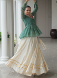 Gamthi Work Printed Green Kediya Top With Cotton Off White Lehenga