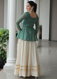 Gamthi Work Printed Green Kediya Top With Cotton Off White Lehenga