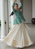 Gamthi Work Printed Green Kediya Top With Cotton Off White Lehenga