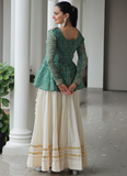 Gamthi Work Printed Green Kediya Top With Cotton Off White Lehenga