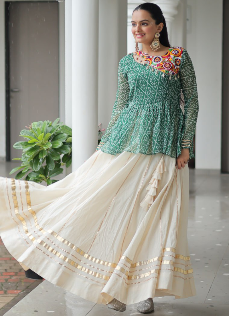 Gamthi Work Printed Green Kediya Top With Cotton Off White Lehenga