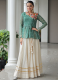 Gamthi Work Printed Green Kediya Top With Cotton Off White Lehenga