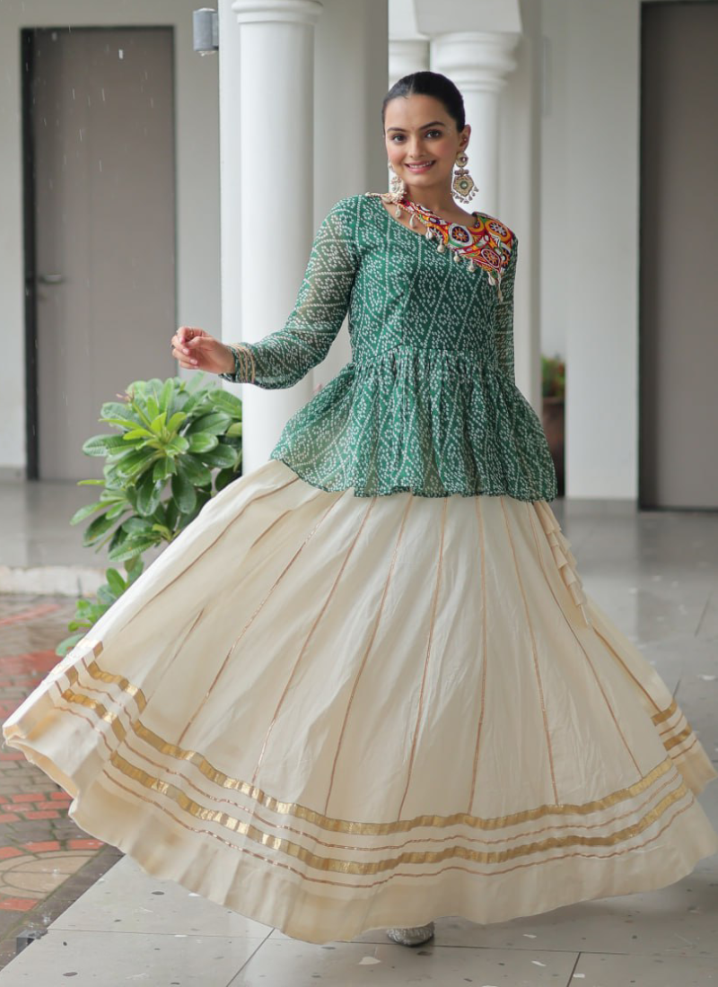 Gamthi Work Printed Green Kediya Top With Cotton Off White Lehenga
