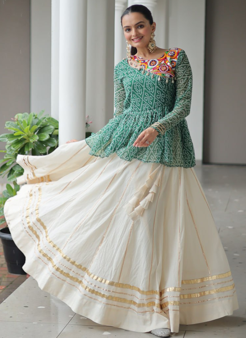 Gamthi Work Printed Green Kediya Top With Cotton Off White Lehenga