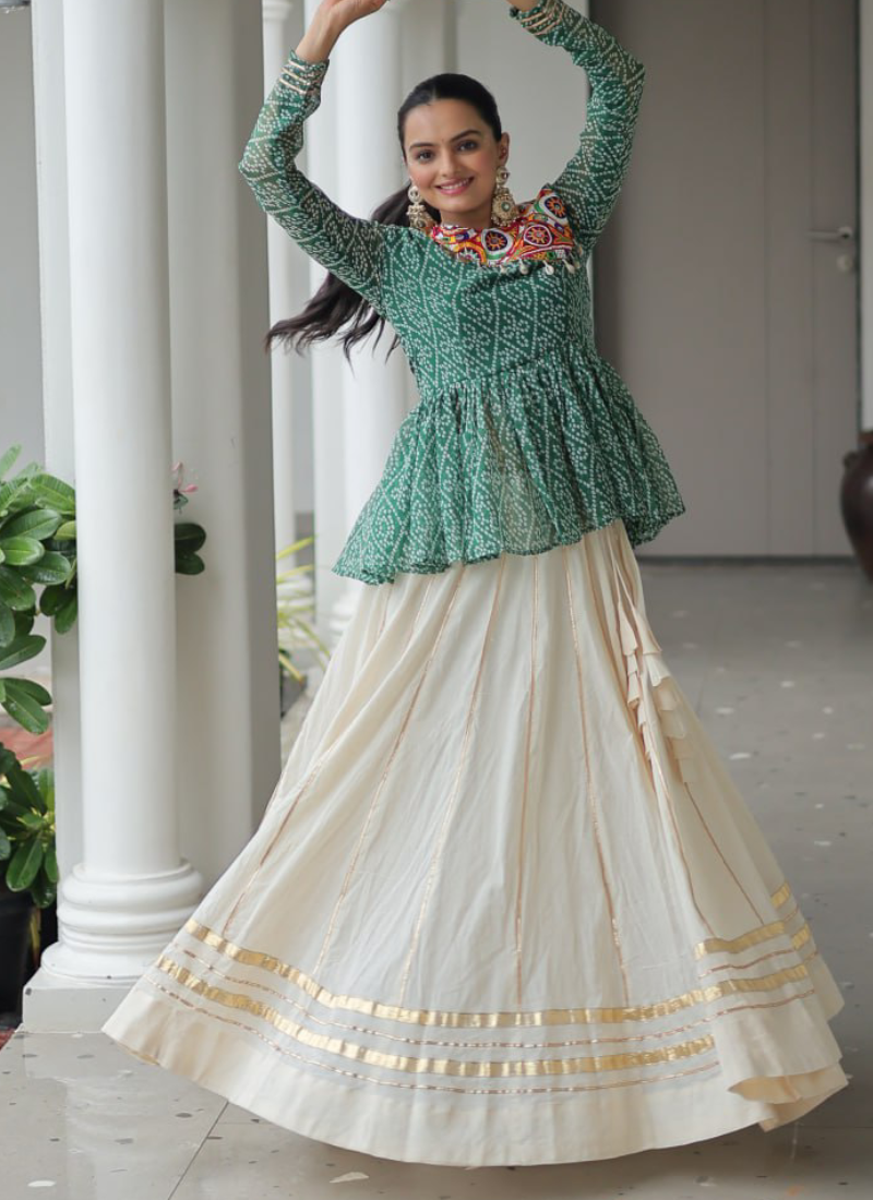 Gamthi Work Printed Green Kediya Top With Cotton Off White Lehenga