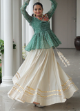 Gamthi Work Printed Green Kediya Top With Cotton Off White Lehenga