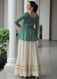 Gamthi Work Printed Green Kediya Top With Cotton Off White Lehenga