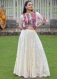 Gamthi Work Silk Off White Traditional Lehenga Choli With Jacket