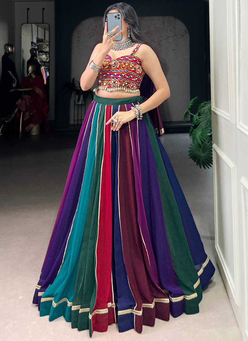 Ganthi Embroidered Real Mirror Georgette Multi Color Lehenga Choli